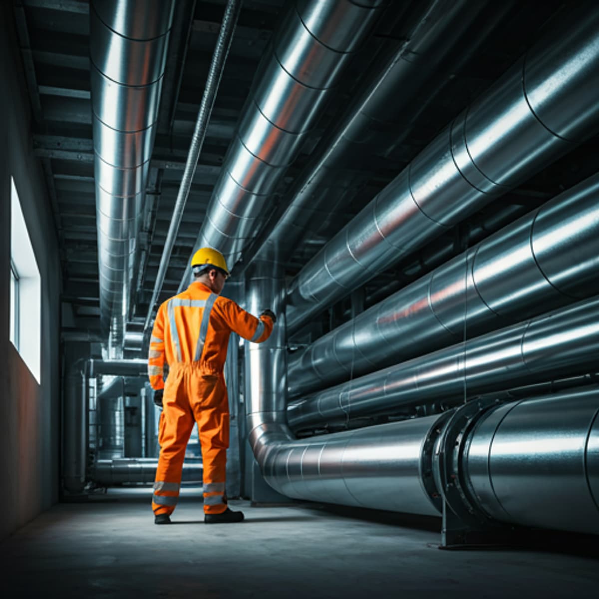 HVAC technician inspecting industrial air ducts